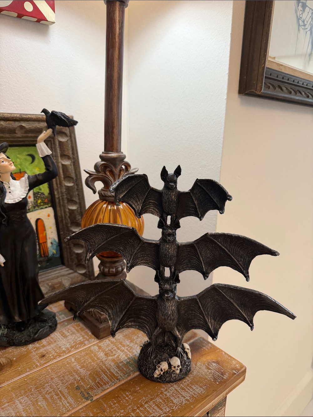 Halloween Gothic Black Triple Bat & Skulls Sculpture